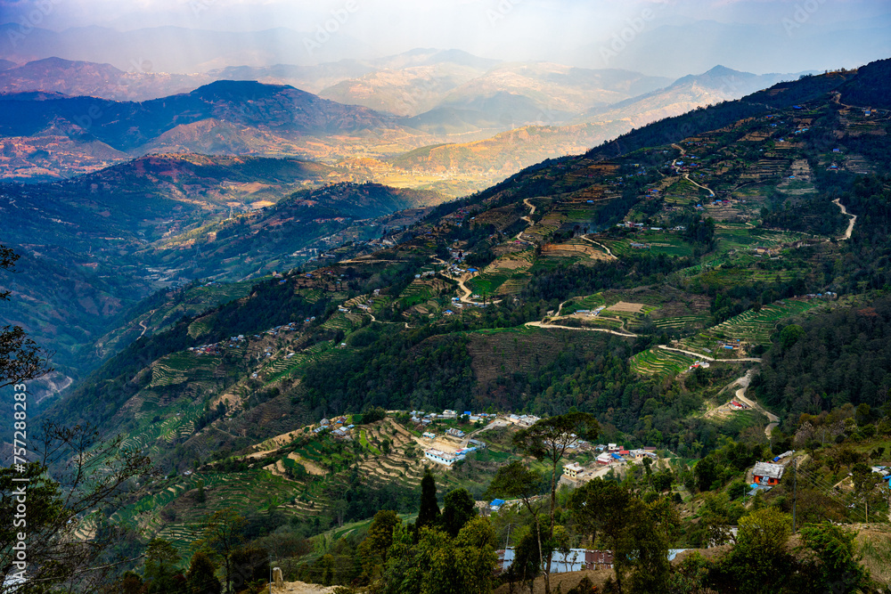 Sweeping Valleys and Terraced Hills of Nagarkot, Nepal at Dusk