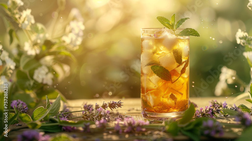 A refreshing glass of iced tea garnished with mint, nestled among vibrant flowers with sunlight filtering through