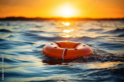 Orange lifebuoy floating in open sea, rescue and safety concept, nautical emergency equipment