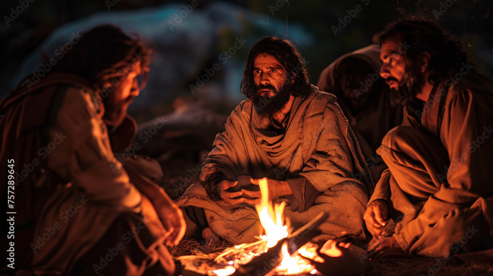 An intimate moment captured as Jesus talks to his disciples around a campfire, with the light casting warm glows on their thoughtful faces An intimate moment captured as Jesus talks to his disciples around a campfire, with the light casting warm glows on their thoughtful faces