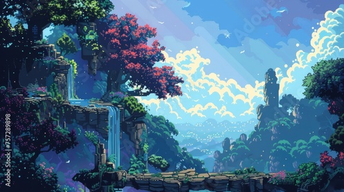 A digital pixel art landscape with retro video game aesthetics