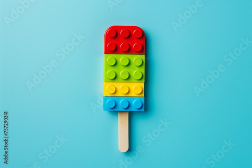 Creative popsicle made of multi-colored plastic Lego pieces on light blue background. Copy space for text.