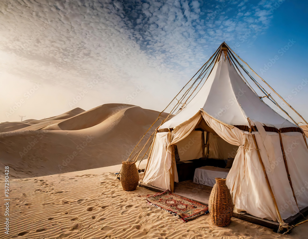 Traditional arabian tent in the middle of the Sahara desert, Morocco, Africa	