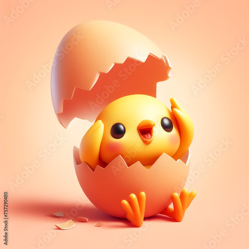 3D funny chick cartoon, in a broken eggshell. Fun animals for children's illustrations. AI generated