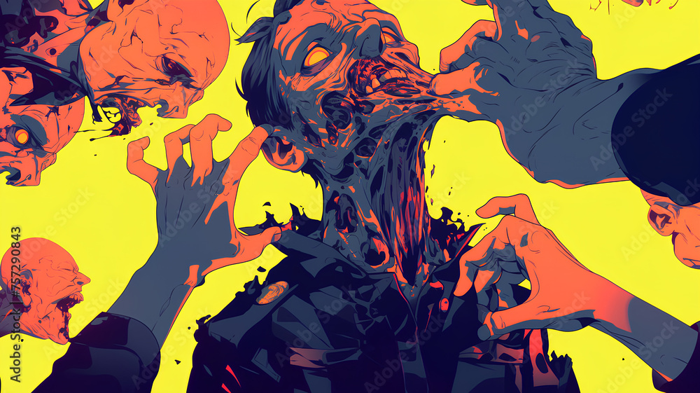 A group of scary 3d zombie invasion and yellow background A group of scary 3d zombie invasion and yellow background