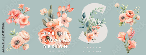 Watercolor floral cards templates design with summer bright wild flowers and leaves