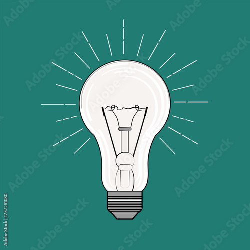 Incandescent lamp with light rays. Stylized image. Vector illustration