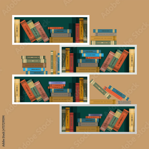 Four bookshelves combined in one composition. A lot of different books in color covers. Vector illustration