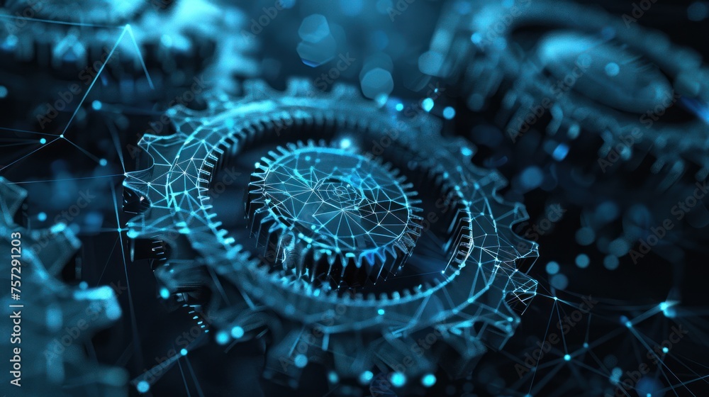 Abstract 3D gears on dark background. Repository of gear mechanics and cog mechanics. Digital polygonal mesh with points, lines, and shapes. Mechanical engineering wireframe. Abstract 3D gears on dark background. Repository of gear mechanics and cog mechanics. Digital polygonal mesh with points, lines, and shapes. Mechanical engineering wireframe.