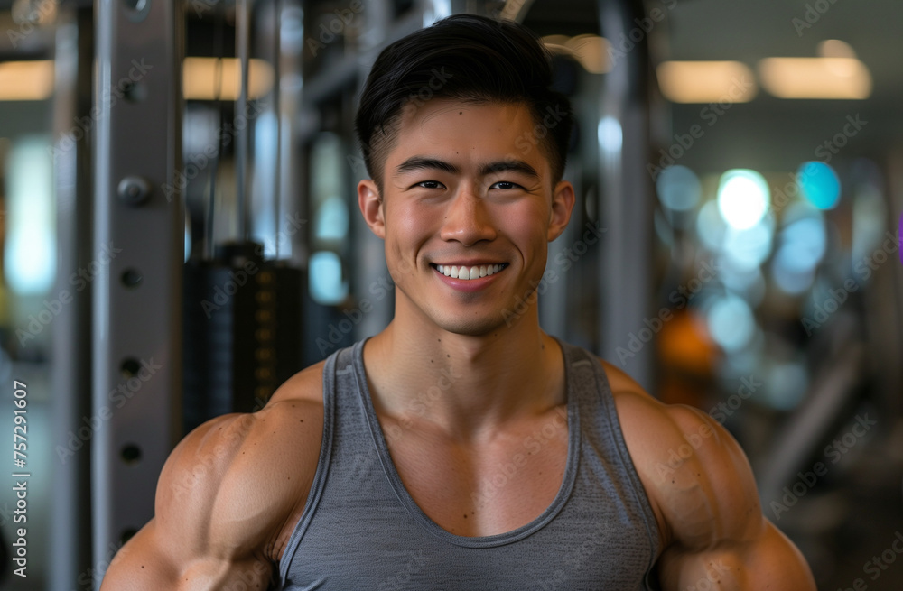 A handsome Asian man is smiling and posing for the camera in front of gym equipment Generative AI
A handsome Asian man is smiling and posing for the camera in front of gym equipment Generative AI