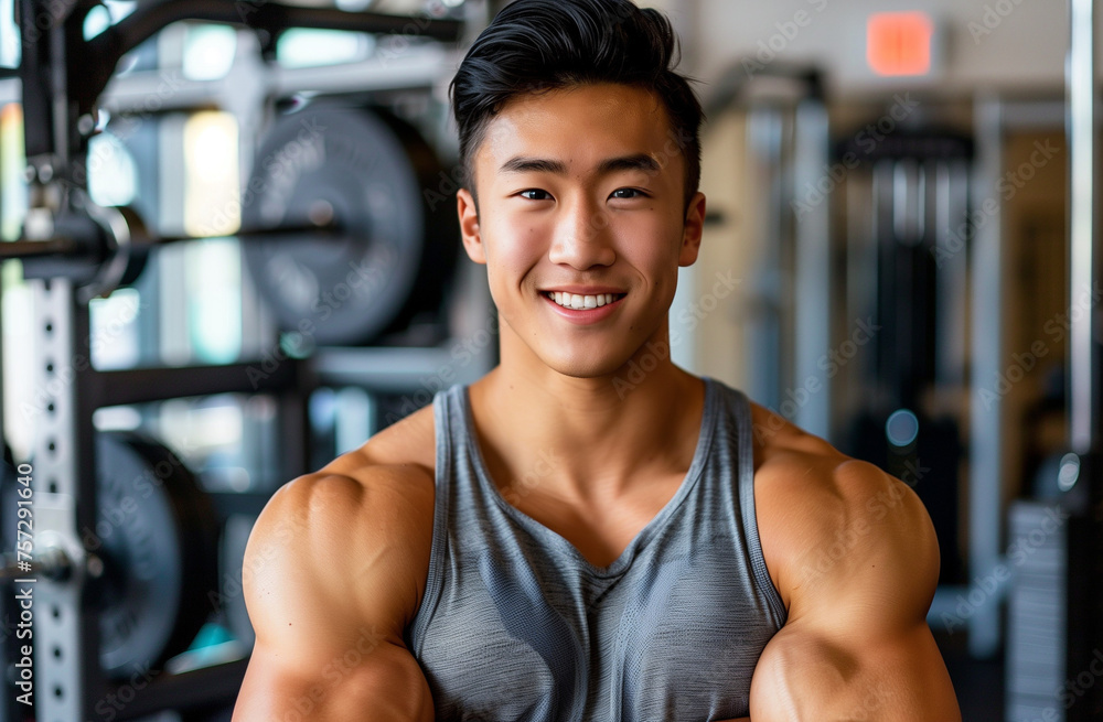 A handsome Asian man is smiling and posing for the camera in front of gym equipment Generative AI
A handsome Asian man is smiling and posing for the camera in front of gym equipment Generative AI