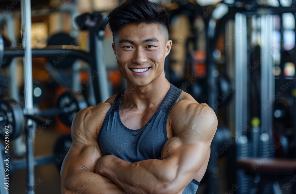 A handsome Asian man is smiling and posing for the camera in front of gym equipment Generative AI
A handsome Asian man is smiling and posing for the camera in front of gym equipment Generative AI