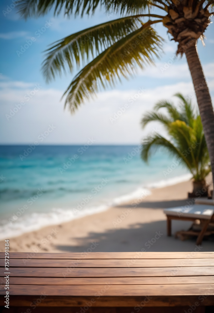 Top of wood table with seascape and palm tree, blur bokeh light of calm sea and sky at tropical beach background Top of wood table with seascape and palm tree, blur bokeh light of calm sea and sky at tropical beach background