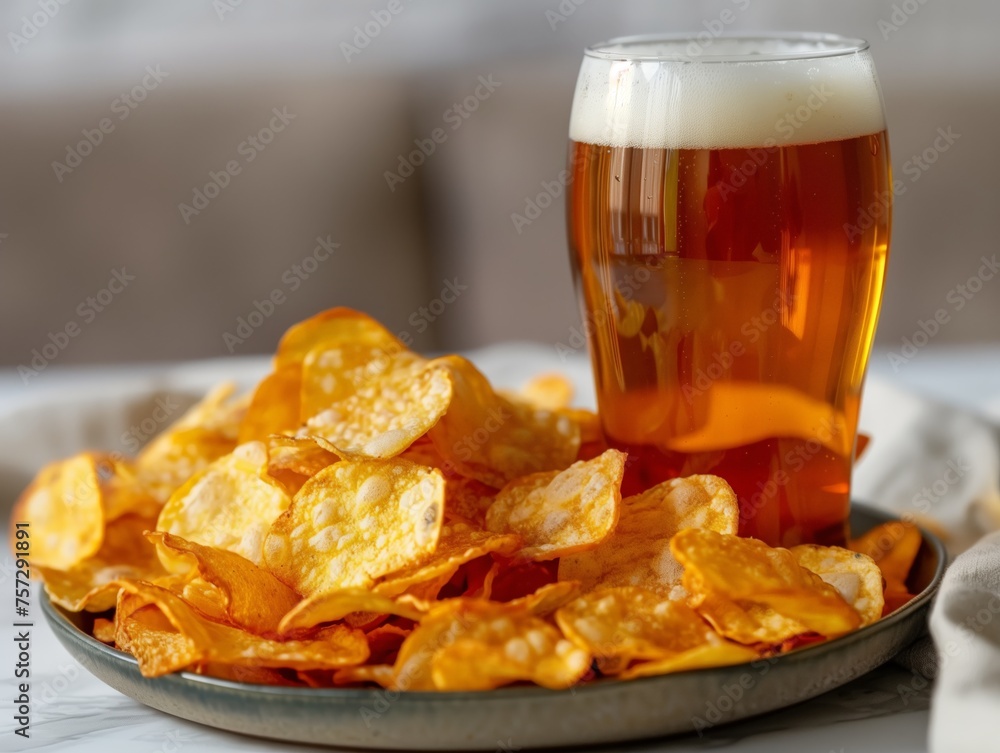 A glass of beer is next to a plate of chips A glass of beer is next to a plate of chips