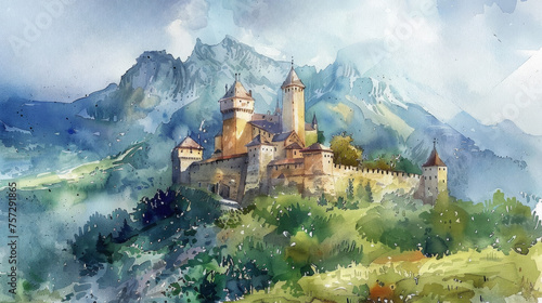 Watercolor illustration of a medieval castle against a backdrop of misty mountains, ideal for historical concepts, with ample space for text on the sky area