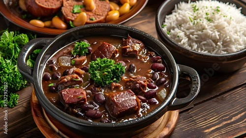 feijoada, brazilian food with black beans and pork meat photo