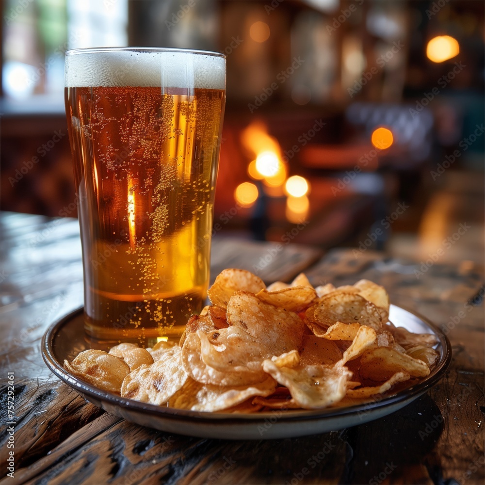 A glass of beer and a plate of chips sit on a wooden table A glass of beer and a plate of chips sit on a wooden table