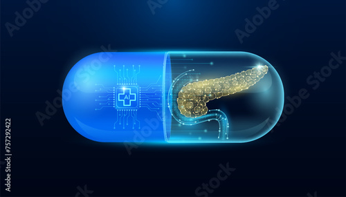 Microchip pancreas interface in capsule blue luminous. Smart digital pills in health care alternative. Medicine futuristic. Pharmaceutical and scientific medical technology concept. Vector.