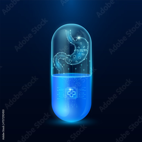 Microchip stomach interface in capsule blue luminous. Smart digital pills in health care alternative. Medicine futuristic. Pharmaceutical and scientific medical technology concept. Vector.