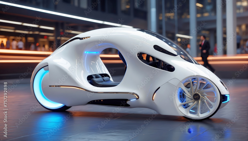 A futuristic white bicycle