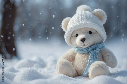 White Plush Bear in a White Fluffy Hat Standing on Snow.