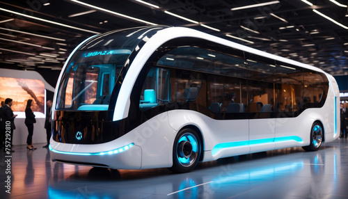 A futuristic white bus