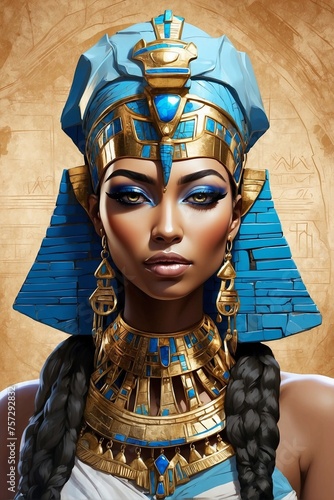 Egyptian Beauty: Woman with Blue Makeup and Gold Accessories.