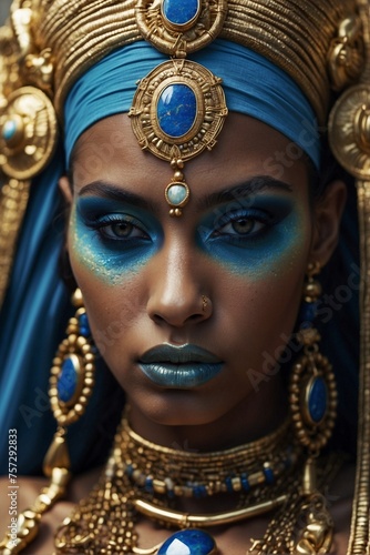 Egyptian Beauty: Woman with Blue Makeup and Gold Accessories.