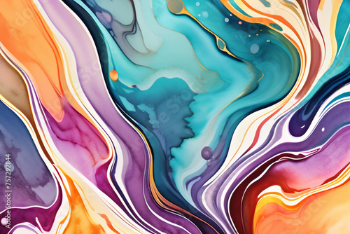 Closeup of abstract watercolor paint background texture with liquid fluid marbled paper texture banner texture. Generative AI (생성형 AI)