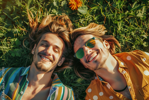 two men laying on back on grass laughing in sunshine wearing foil sunglasses photo