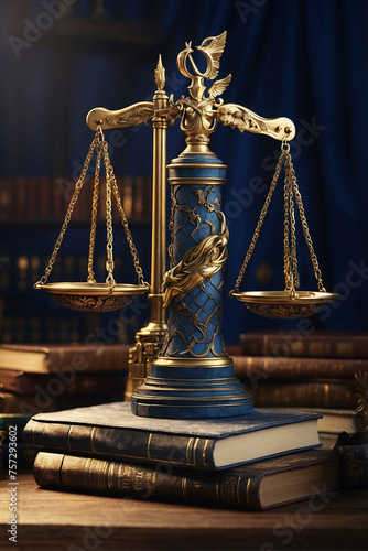 Scales of Justice Above a Pile of Books in Dark Blue and Gold.