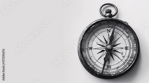 an old black and white compass in white background.