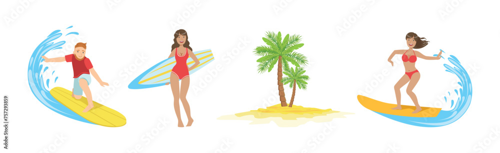 Man and Woman Surfer Character with Surfboard Vector Set