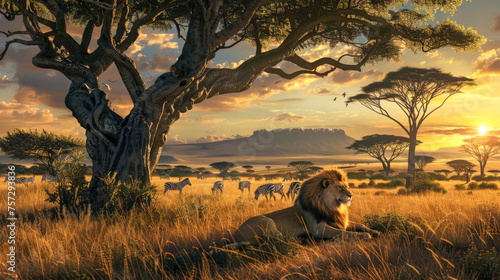 Wildlife scene in African savannah,lion photo