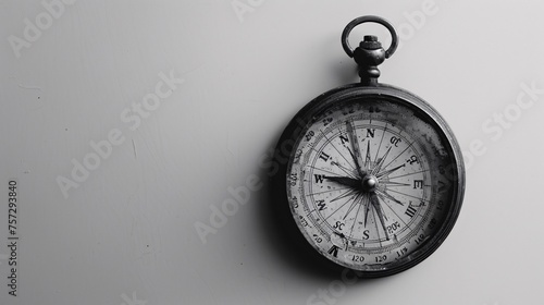an old black and white compass in white background.