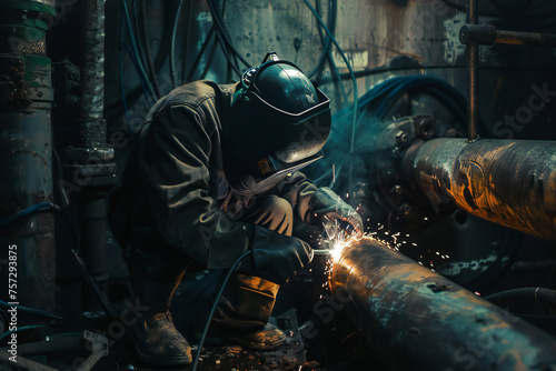 Professional welder with medium pipe © VetalStock