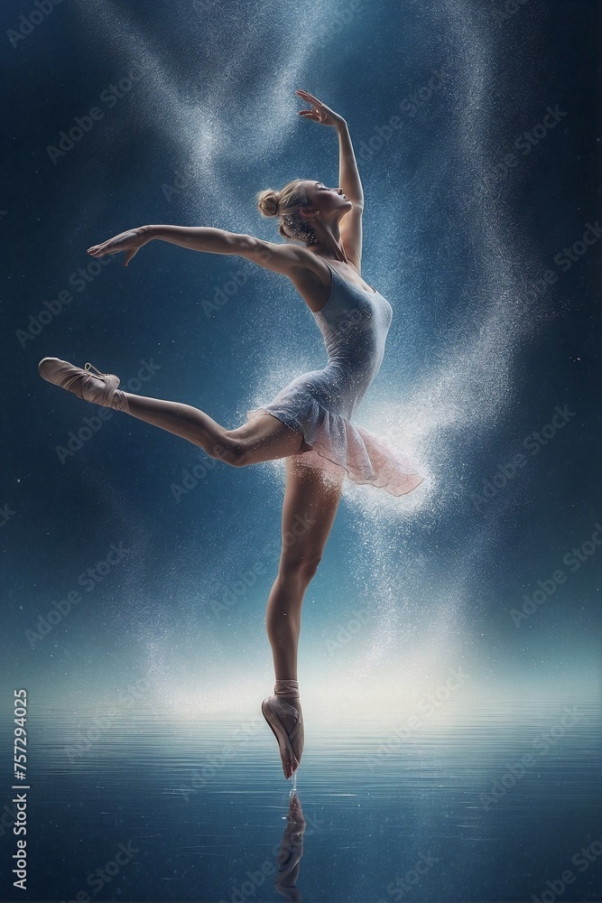 Water Drops and Splashes Hit the Perfect Female Human Body of a Dancing Ballerina.