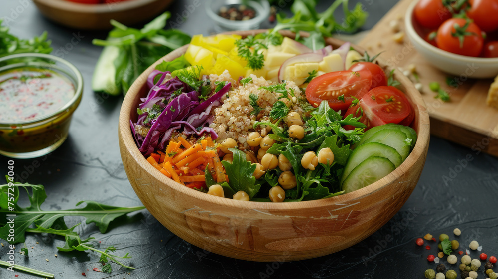 Wooden bowl with a nutritious mixture of grains, vegetables, and greens on a textured dark table