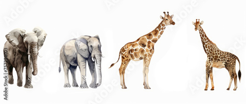 Set of four watercolor African animals isolated on white background, featuring two elephants and two giraffes, suitable for educational materials and themed decorations photo