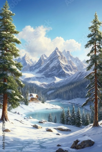 Snowy Landscape with Coniferous Forest and Snow-Covered Mountains on a Frosty Day.