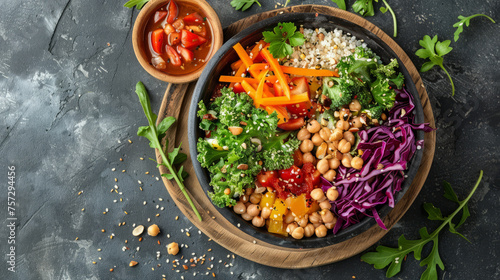 Black bowl containing an appetizing vegan grain and vegetable mix on a rustic wooden board