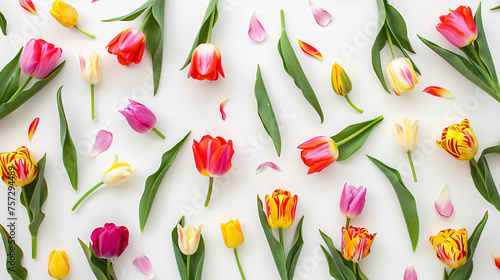 Top view of colourful tulips on white background
