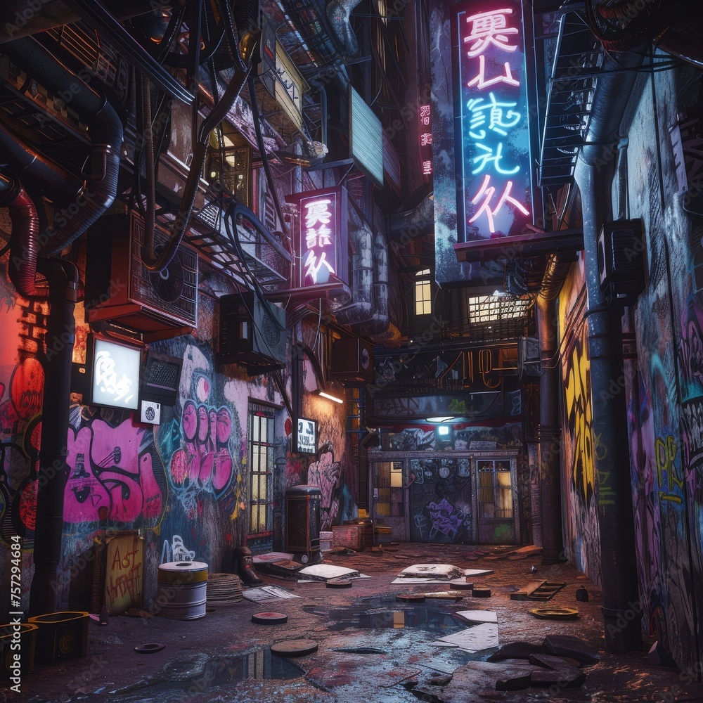 Obraz premium Graffiti covered back alleys of a cyberpunk city