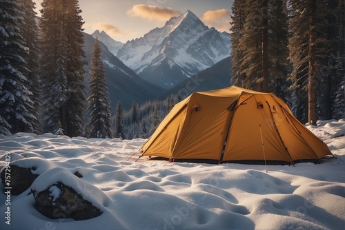 Tourist Tent in a Coniferous Forest, Winter Tourism Advertisement.