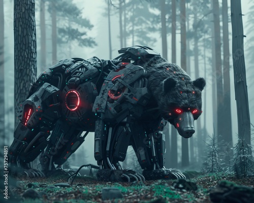 Majestic cyber enhanced bear in a dystopian forest laser eyes glowing symbolizing strength in a future world