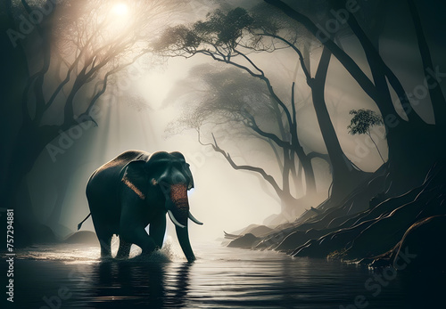 Asian elephant on black background photo