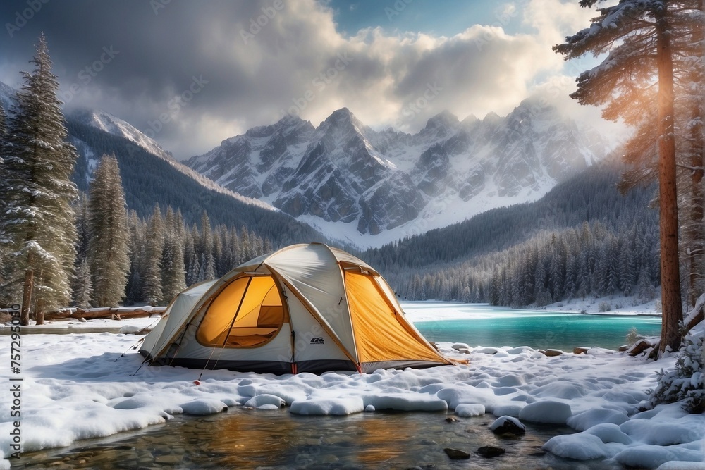 Tourist Tent Near a Wild Clear River: Winter Tourism Advertisement.