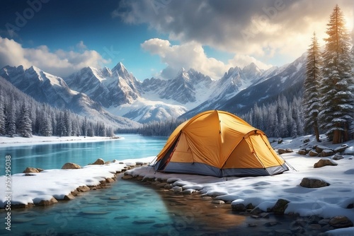 Tourist Tent Near a Wild Clear River  Winter Tourism Advertisement.