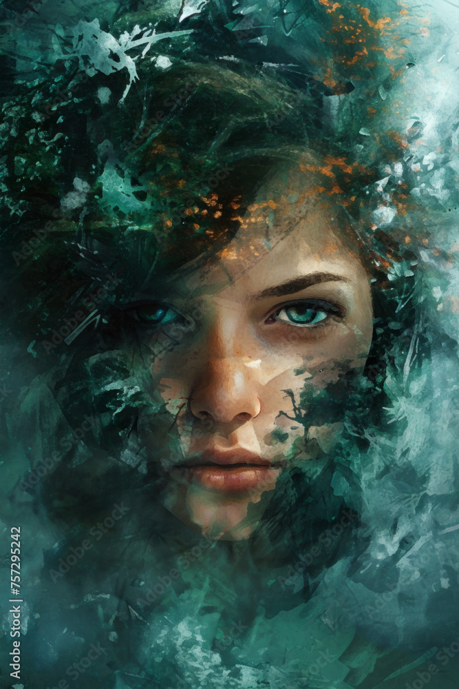 Artistic abstract portrait of a young woman with a serene expression, enveloped in a painterly blend of teal and green strokes, ideal for concepts of nature, creativity, or mystery with copy space