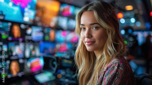 Young Woman Sitting in Front of Wall of Television Screens